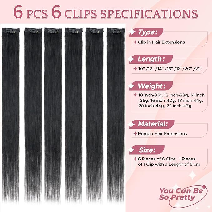 Clip in Hair Extensions Real Human Hair for Women, 20 Inch 44g 6pcs, Jet Black, Straight - Highlight, Add Volume and Length for Daily Wear, Parties, Weddings
