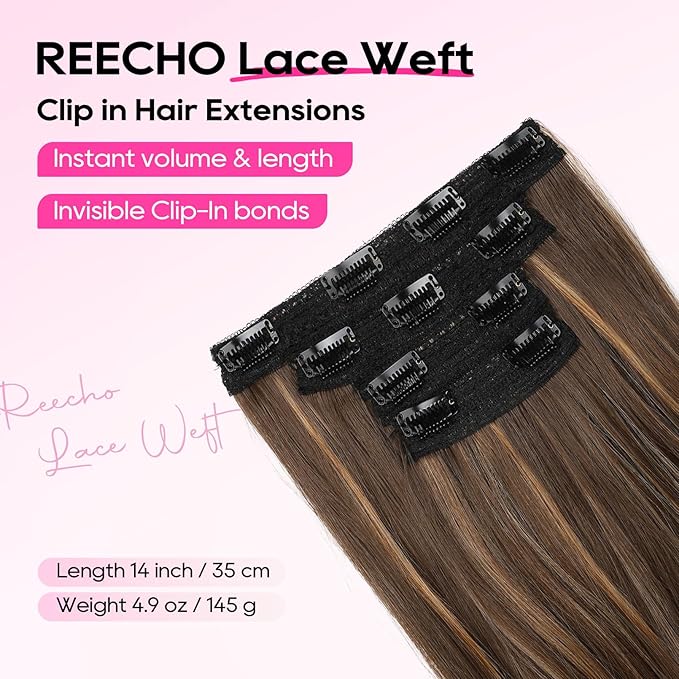 REECHO Clip in Hair Extensions - 4PCS Lace Weft 14" Short Wavy Invisible Clip Ins, Natural Soft Hairpieces for Women, Dark Brown With Highlights