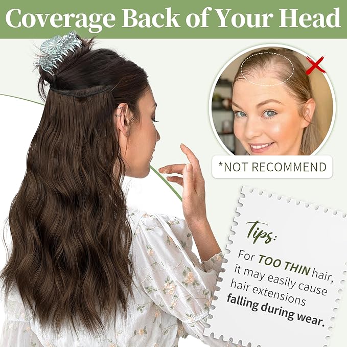 KooKaStyle Invisible Wire Hair Extensions with Transparent Wire Headband Adjustable Size 4 Secure Clips Long Wavy Hairpiece 16 Inch Medium Brown/4# for Women