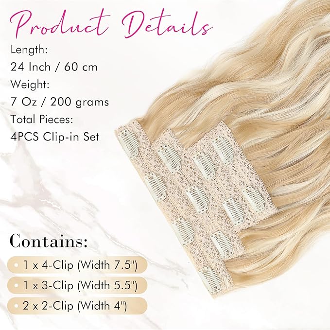 REECHO Clip in Hair Extensions, 4PCS Hair Extensions 24" Thick Long Beach Waves hair extensions HE003 Invisible Lace Weft Natural Soft Hairpieces for Women (Dirty Blonde)