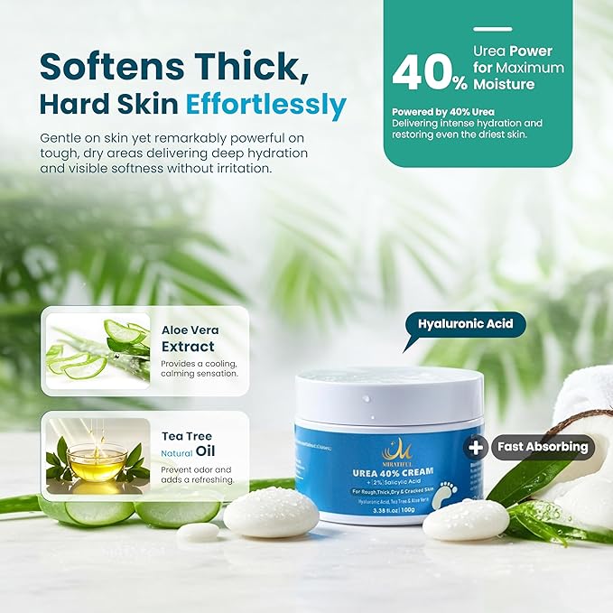 Urea Cream 40% for Feet and Hands |Intensive Moisturizer for Dry, Cracked Skin, Heels, and Calluses | Hydrating Foot Cream for Rough, Thick Skin (3.38 oz / 100g)