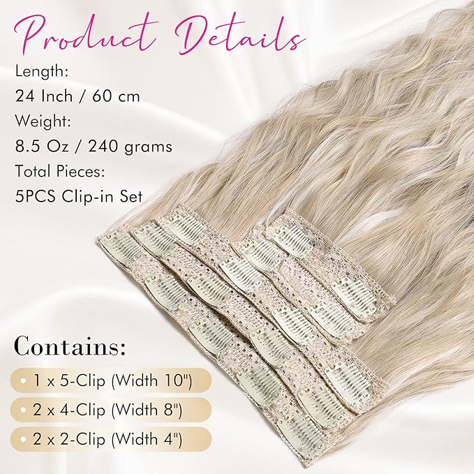REECHO Clip in Hair Extensions, 5PCS Ash Blonde Hair Extensions 24" Thick Long Loose Waves hair extensions HE002 Invisible Lace Weft Natural Soft Hairpieces for Women – Ash Blonde with Highlights