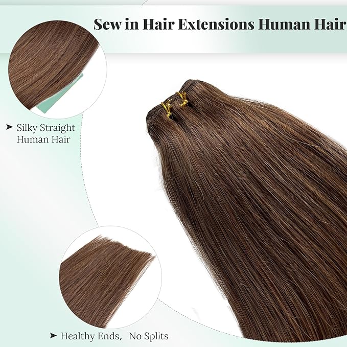 Brown Sew in Hair Extensions Human Hair, 24 Inch 120G Weft Extensions Real Human Hair #4 Medium Brown Weave Bundles Double Weft Silky Straight Remy Hair Wefts Sew in for Women