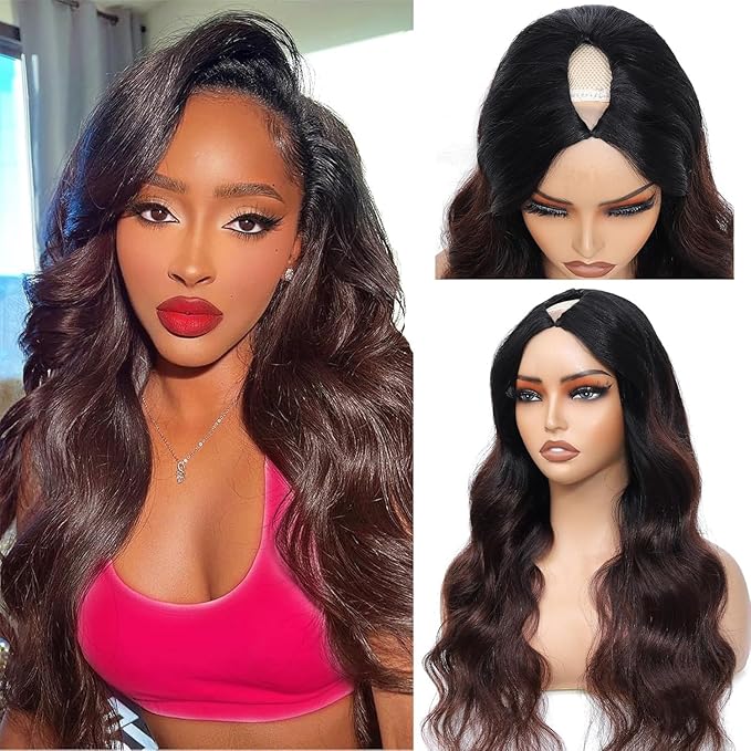 Ombre V Part Wig Human Hair Body Wave Brown Wig Upgrade U Part Human Hair Wig with Clips Glueless Wigs Human Hair Clip in Half Wigs No Leave Out Highlight Wig Human Hair 180% Density 28 inch