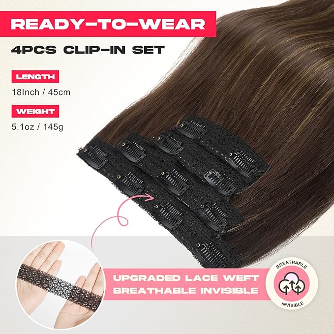 Hair Extensions, 4PCS 18" Clip in Hair Extensions Layered Cut Natural Lightweight Hairpieces with Thinner Softer Invisible Weft for Women - Dark Brown with Highlights