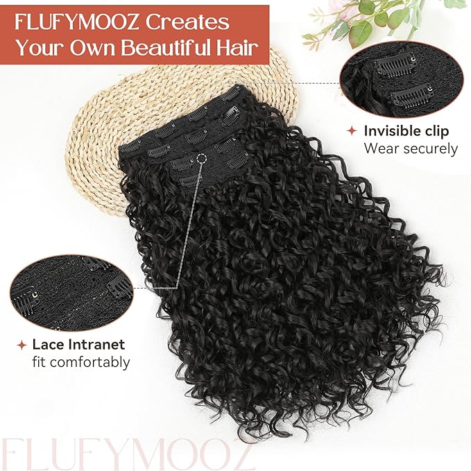 FLUFYMOOZ Clip in Hair Extensions, 18'' 4PC 100％ Pure Protein Silk Curly Hair extension for Women Lace Weft Hairpiece Natural Soft and comfortable for Daily Use-Black Brown