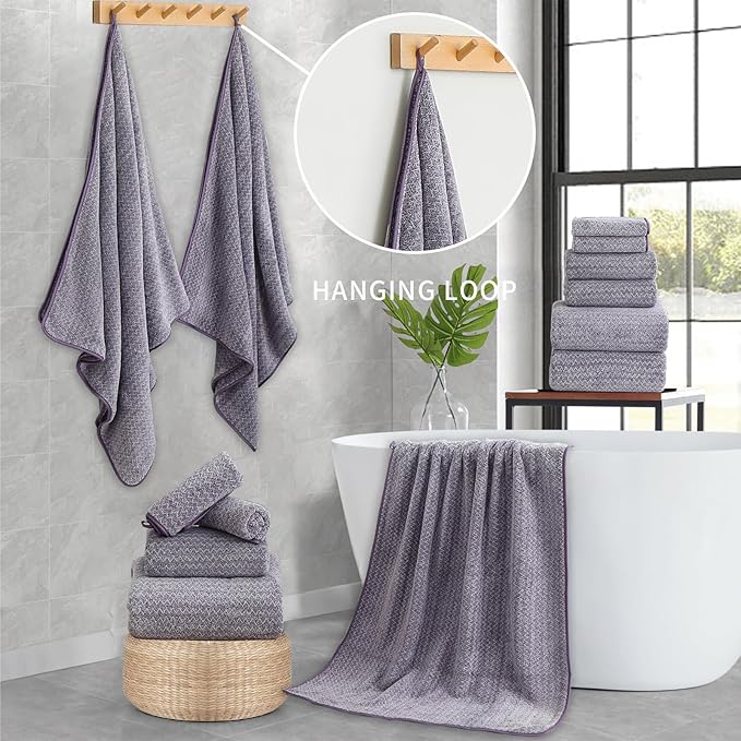 Ultra Soft Bath Towel Set,12 Piece (4 Bath Towels,4 Hand Towels,4 Washcloths) Family Bathroom Towels Set with Hanging Loop,Quick Dry Extra Absorbent Shower Towel for Bathroom,Hotel,Spa-Dark Purple