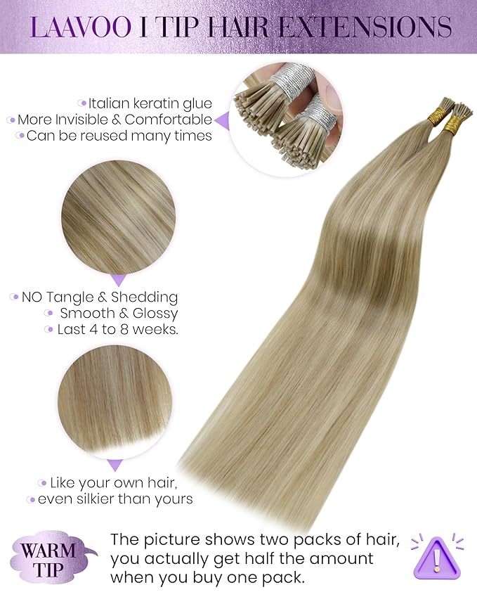 LaaVoo I Tip Hair Extensions Blonde Highlight Itip Hair Extensions Human Hair Invisible Seamless 50s 50g 20in