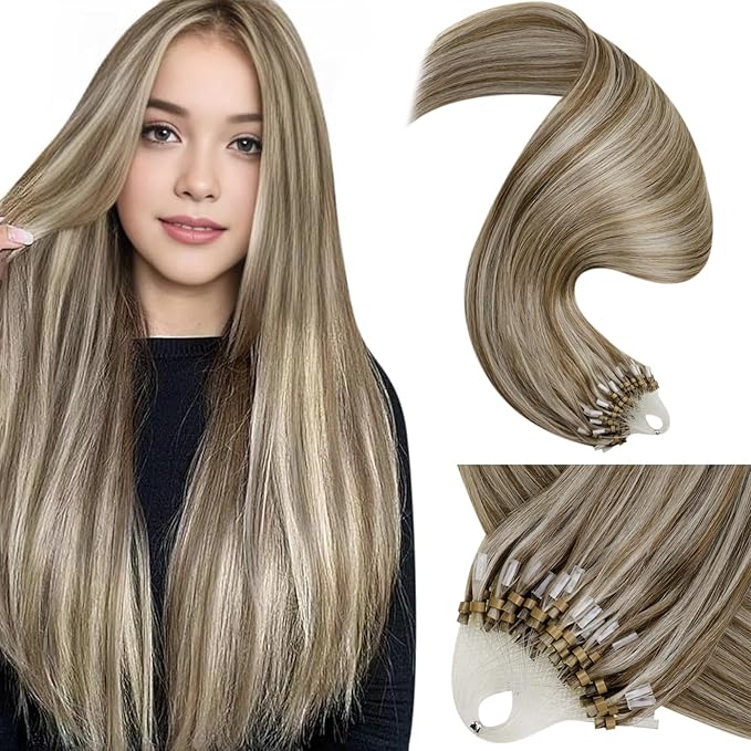 LaaVoo Micro Loop Hair Extensions Real Human Hair Ash Brown Highlight Platinum Blonde Micro Ring Hair Extensions Cold Fusion 50g/50s 16inch