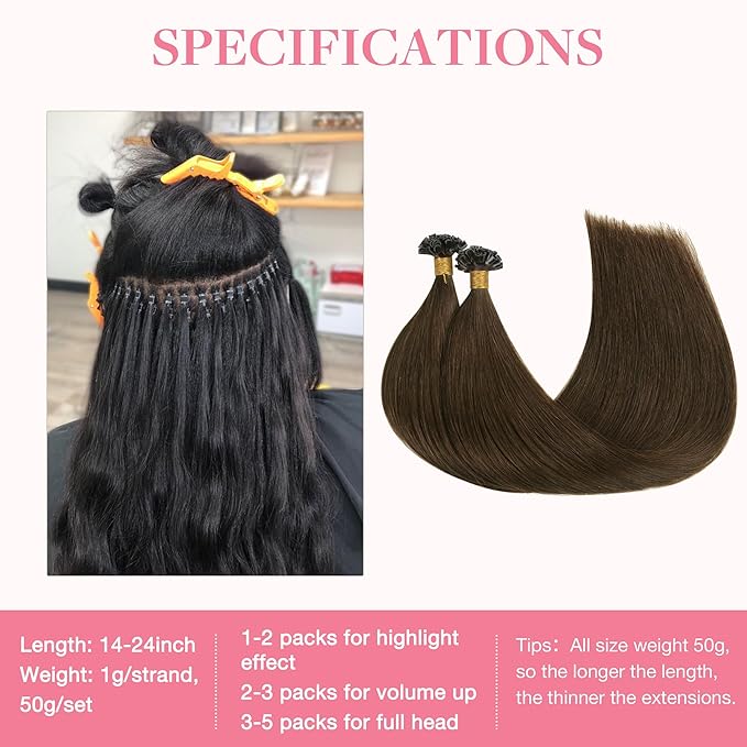 GOO GOO U Tip Hair Extensions, Real Human Hair, 22inch 50g 50S, Hot Fusion, Invisible Remy, 4A Chocolate Brown