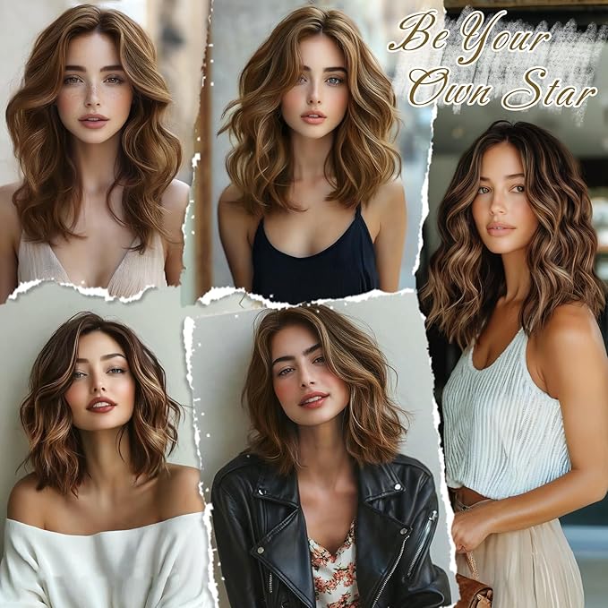 BARSDAR Clip in Hair Extensions - 12 Inch Short Wavy Highlight Hair Extensions for Women - 6PCs Thick Soft Synthetic Clip in Hairpieces Daily - Chocolate Brown with Highlights