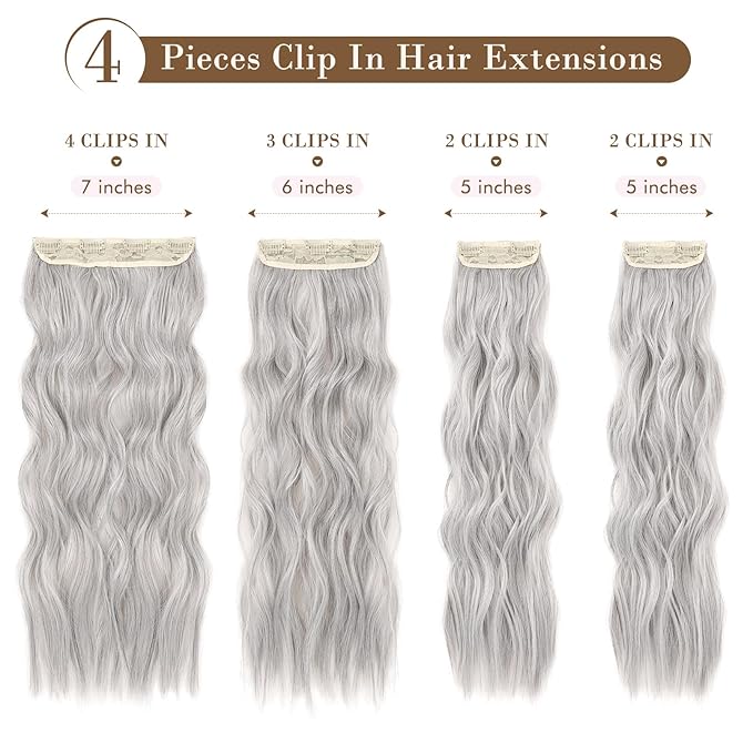 REECHO Hair Extensions, 4PCS Clip in Hair Extensions HE001 Natural Soft Synthetic Hairpieces for Women (20 Inch-200 Gram (Pack of 4), Grey)