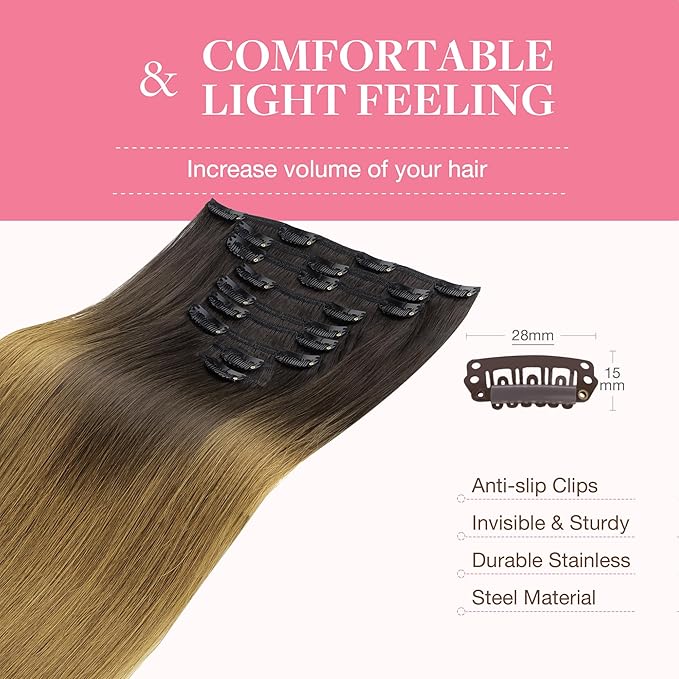 GOO GOO Clip in Hair Extensions Real Human Hair, Remy Human Hair Extensions Clip ins for Women, Natural Human Hair, 16inch 150g 9Pcs, 1D/2C/4E Chocolate Dip Color Melt
