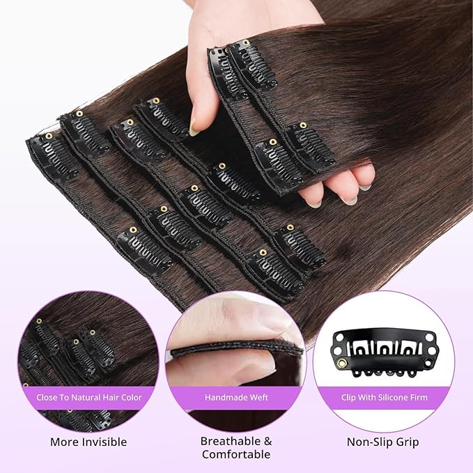 Clip in Hair Extensions Real Human Hair,100% Seamless Invisible Remy Human Hair Silky Straight,Clip Extensions for Women, 8pcs Per Set with Double Weft,2 Dark Brown,20inch 105g/3.7oz