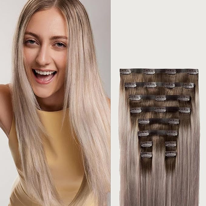 Luxy 100% Remy Human Hair - Seamless Clip-In Hair Extensions - Multi-Dimensional Color for Natural Blending, Adds Volume & Length 240 grams 24" Dimensional Rooted Ash Blonde