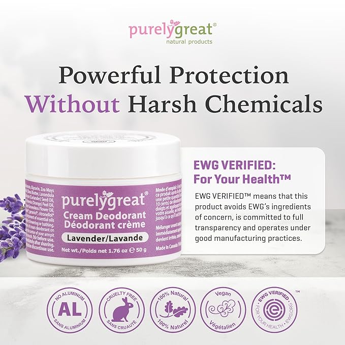 Purelygreat - Lavender Scented Cream Deodorant, Chemical-Free Hygiene Essentials for Women, Natural Deodorant for Men with Soda & Corn Starch, No Sticky Residue, Parabens & BPA, 1.76 oz / 50 g