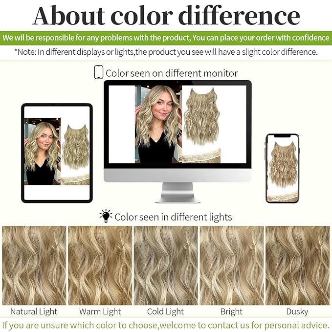 KooKaStyle Invisible Wire Hair Extensions with Transparent Wire Adjustable Size 4 Secure Clips 16 Inch Long Wavy Secret Hairpiece(Dark Ash Blonde mix Light Blonde Highlights)