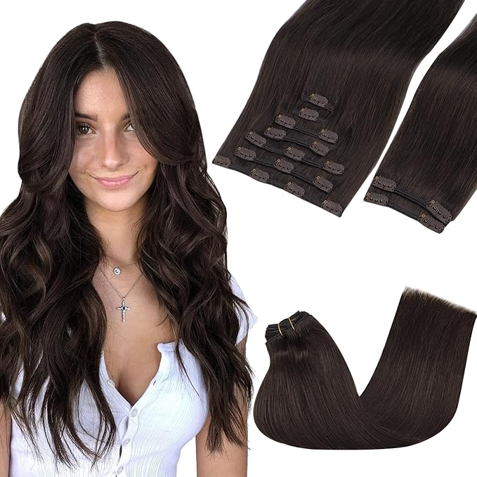 GOO GOO Clip in Hair Extensions Real Human Hair, Remy Human Hair Extensions Clip ins for Women, Natural Human Hair, 18inch 150g 9Pcs, 2A Light Brown