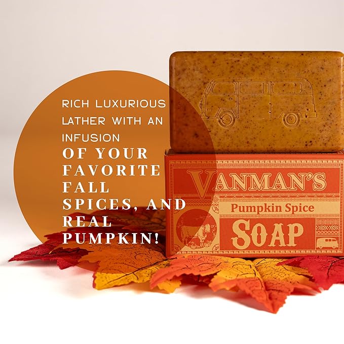 VanMan Pumpkin Spice Body Soap - Grass Fed Finished Suet Beef Tallow & Pumpkin Puree - Nourishing, Hydrating & Moisturizing Natural Bar Soap with Essential Oils - Autumn Scent - 3.8 oz Bar (3 Pack)