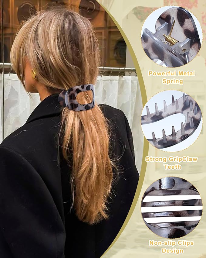 6 PCS French Flat Hair Clips for Women 2 Styles Large Matte Flat Claw Clips Strong Hold No-Slip French Hair Barrettes for Thick Thin Hair(Leopard 3+ Brown 3)