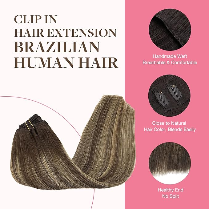 GOO GOO Clip in Hair Extensions Real Human Hair, Remy Human Hair Extensions Clip ins for Women, Natural Human Hair, 16inch 150g 9Pcs, 4/26/4 Balayage Chocolate Brown to Honey Blonde