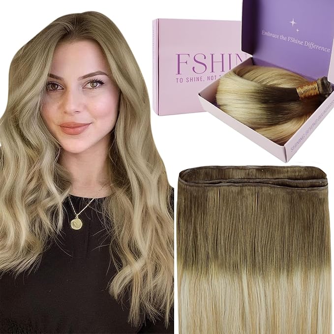 Fshine Hand Tied Genius Weft Hair Extensions Color Chestnut Brown to Honey Blonde Highlight Platinum Blonde Human Hair Extensions for Women Genius Weft Extensions for Thin Hair 16 Inch 50g