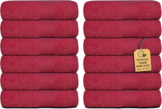 Premium Wash Cloths Pack of 12 (13" x 13") 100% Ring Spun Cotton | Luxury Washcloths | Ultra Soft Face Towels | Highly Absorbent Wash Cloths for face (Burgundy)