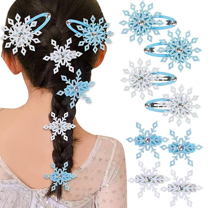 JUNEBRUSHS 12-Piece Snowflake Hair Clip Set - Blue & White Christmas Hair Accessories for Women - Festive Snowflake Hairpins - Holiday & Party Gifts