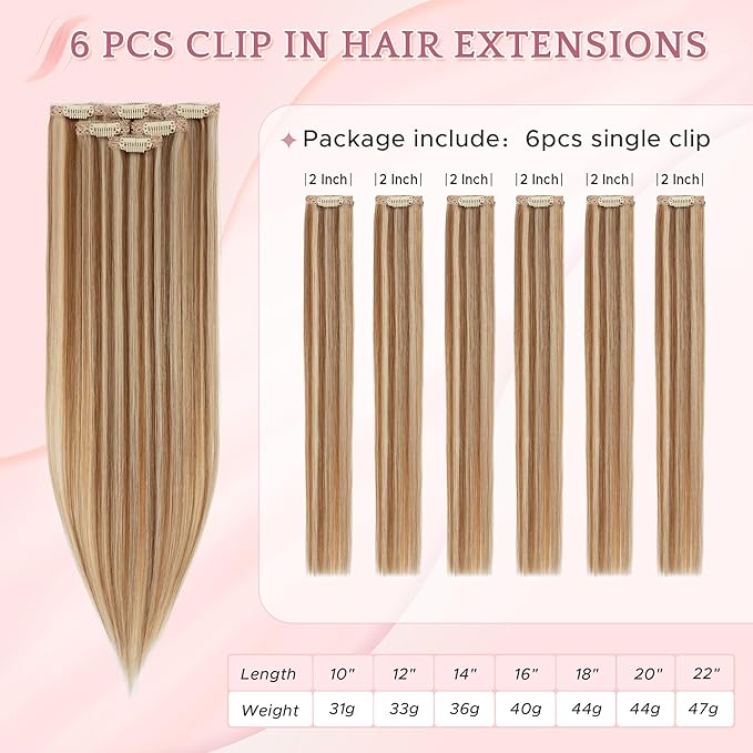 SEGO Single Clip In Hair Extensions Real Human Hair 6 Pcs Individual Clip Ins Highlight Remy Balayage Straight Soft Seamless Hairpieces for Women -16 Inch #6P613R Light Brown & Bleach Blonde