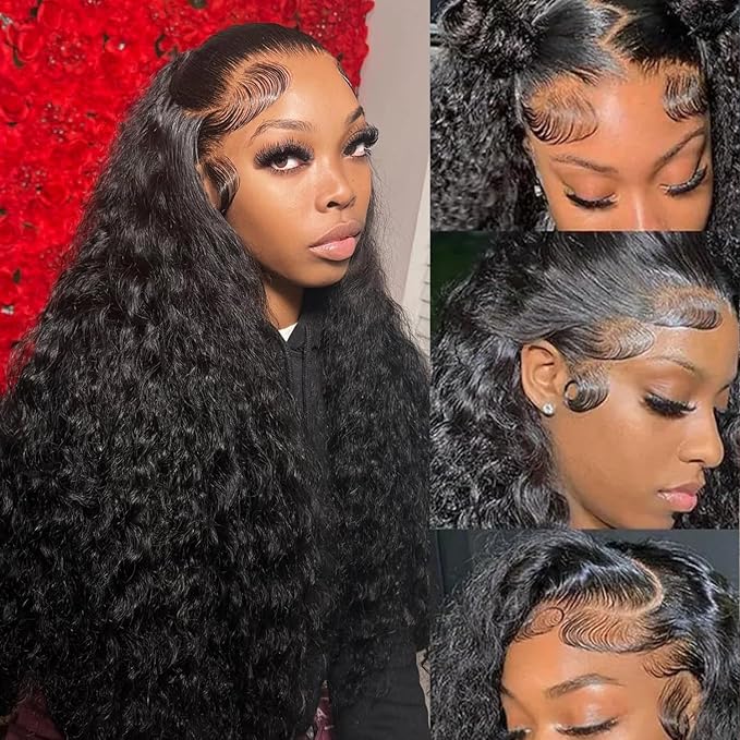 13x6 Deep Wave Lace Front Wigs Human Hair 200% Density Wet and Wavy Curly Human Hair Wig Pre Plucked for Women Nature Color 30 Inch