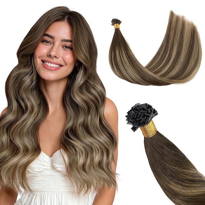 GOO GOO Mini Flat Tip Hair Extensions K Tip, Invisible Hot Fusion Human Hair Extensions, 18inch 50g 63S, 4/27/4 Balayage Chocolate Brown to Caramel Blonde