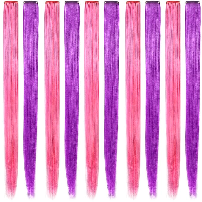 10 PCS Pink and Purple Wig Pieces Colorful Party Highlights Clip in Pink and Purple Hair Extensions Multicolors Straight Synthetic Hairpieces for Women Teens Girls
