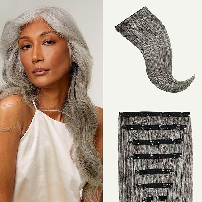 Luxy 100% Remy Human Hair, Classic 160g Clip-In Hair Extensions - 10 Wefts Multi-Dimensional Color for Natural Blending, Adds Volume & Length, Easy Apply & Remove 16" Light Gray Classic