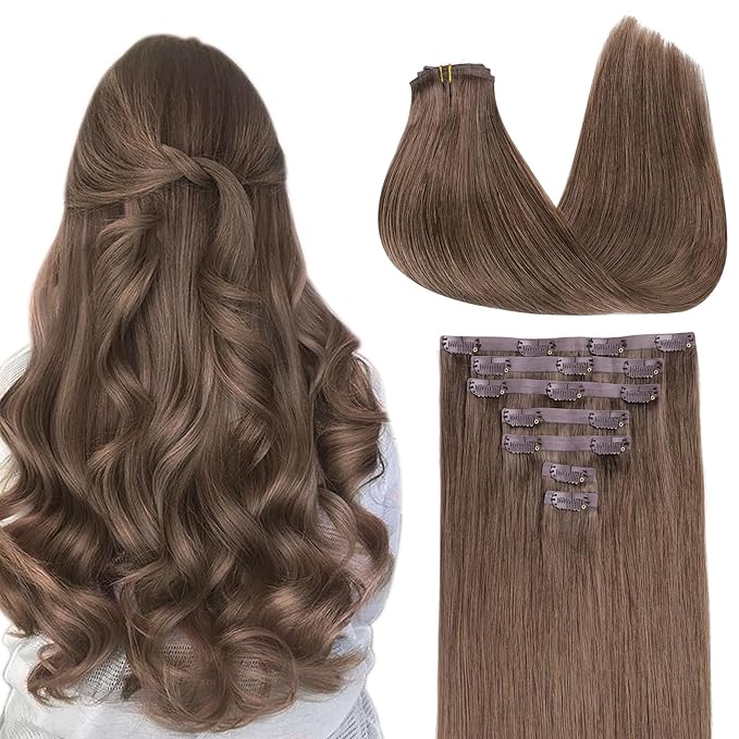 GOO GOO Clip in Hair Extensions Real Human Hair, Remy Human Hair Extensions Clip ins for Women, Natural Human Hair, 22inch 110g 7Pcs, 5 Light Ash Brown