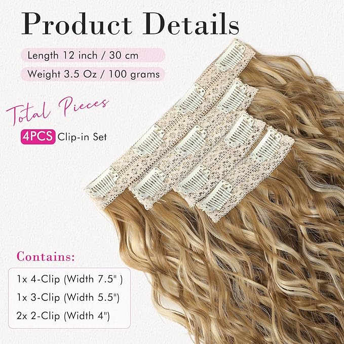 REECHO Clip in Hair Extensions, 4PCS Hair Extensions 12" Short Curly Wavy Blonde hair extensions Invisible Lace Weft Natural Soft Hairpieces for Women – Golden Blonde with Highlights