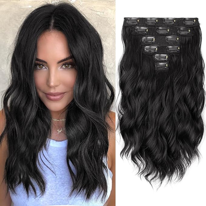 KooKaStyle Short Hair Extensions 6PCS 14 Inch Wavy Curly Hairpieces Synthetic Soft Lace Weft Clip in Hair Extensions-Black for Women