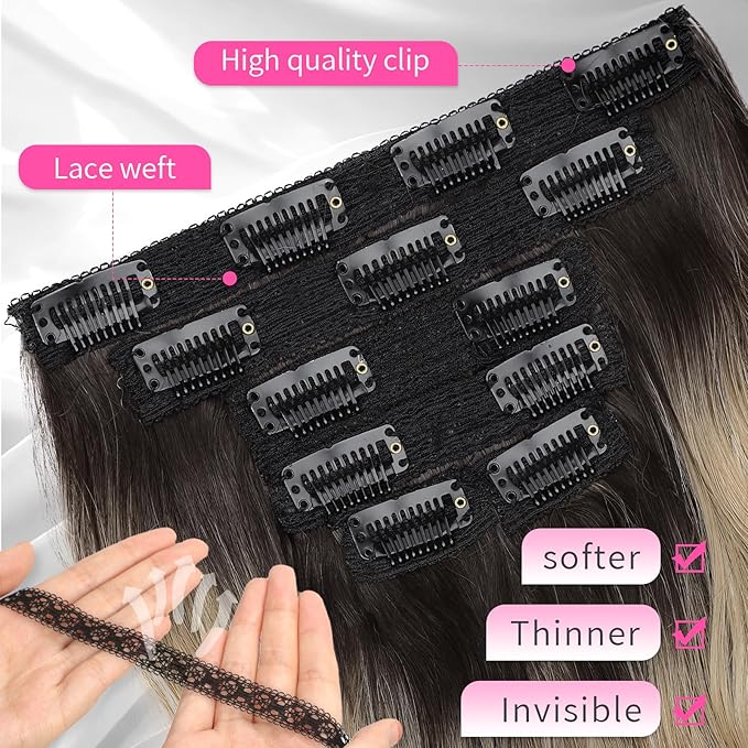 KooKaStyle Short Hair Extensions 6PCS 14 Inch Wavy Curly Hairpieces Synthetic Soft Lace Weft Clip in Hair Extensions-Ombre Brown to Mixed Blonde for Women