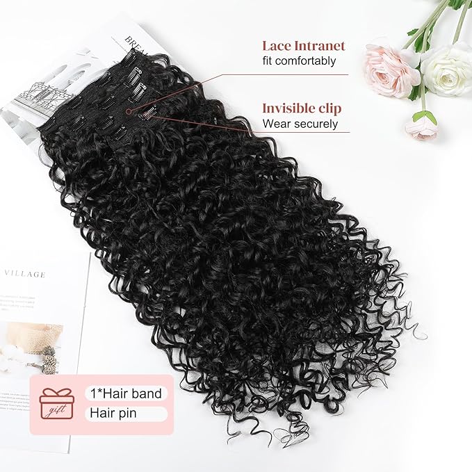 LONAI 4PC Clip in Hair Extensions, 100％ Pure Protein Silk Curly Hair Extension for Women, 26 Inch Long Soft Natural Hair Extensions-Black Brown