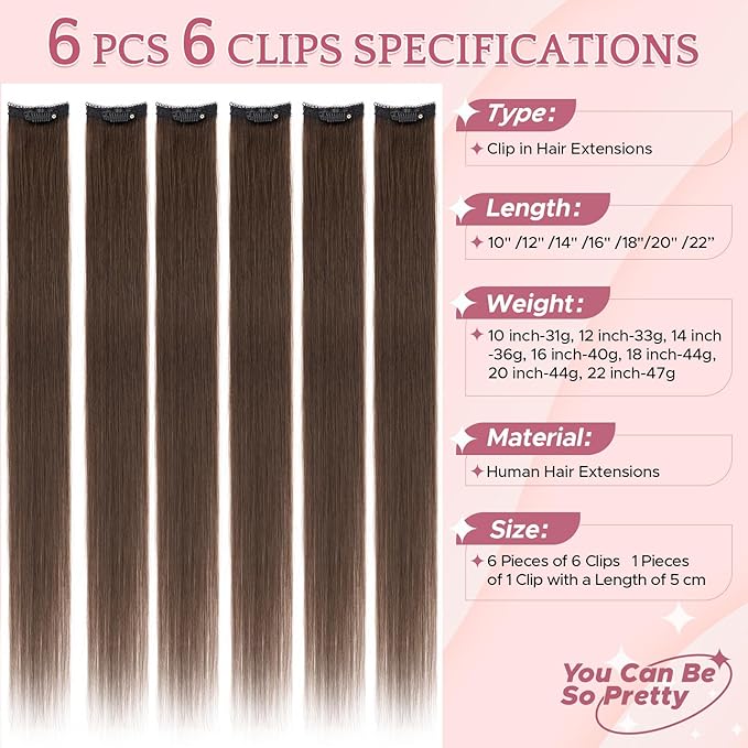 Clip in Hair Extensions Real Human Hair for Women, 16 Inch 40g 6pcs, Dark Brown, Straight - Highlight, Add Volume and Length for Daily Wear, Parties, Weddings