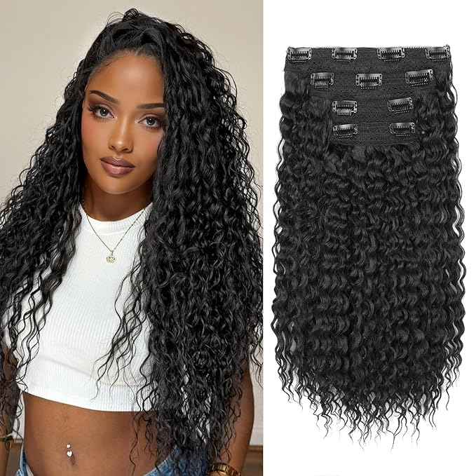 REECHO Hair Extensions - 4PCS 20" Water Wave Clip in Hair Extensions 100% Super Protein Silky Soft Natural Look with Invisible Lace Weft Hairpieces for Women - Natural Black