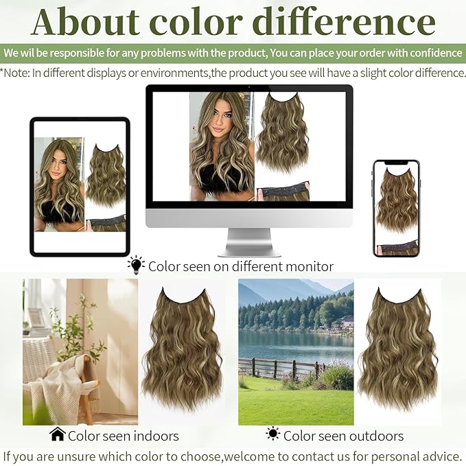 KooKaStyle Invisible Wire Hair Extensions with Transparent Headband Adjustable Size 4 Secure Clips Long Wavy Secret Wire Hairpiece 16 Inch for Women(Medium Brown with Blonde)626D#