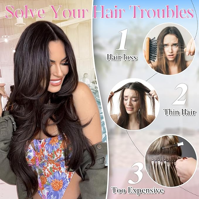 Invisible Wire Hair Extensions with Transparent Wire Adjustable Size 4 Secure Clips Long Wavy Secret Hairpiece 20 Inch for Women(Balayage Chocolate Brown to Caramel Blonde)