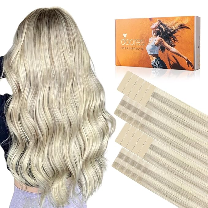 DOORES Invisi Edge Tape in Hair Extensions, Ash Blonde Highlighted Platinum Blonde 10 Injection Tape-ins with 10 Classic Tape-ins 50g 14 Inch, Injected Tape in Extensions Virgin Hair