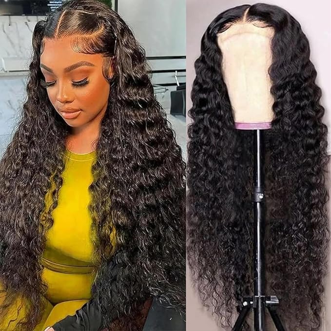 13x6 Deep Wave Lace Front Wigs Human Hair HD Full Lace Frontal Wigs Pre Plucked Bleached Knots 180% Density Deep Curly Human Hair Wig Natural Color 26Inch