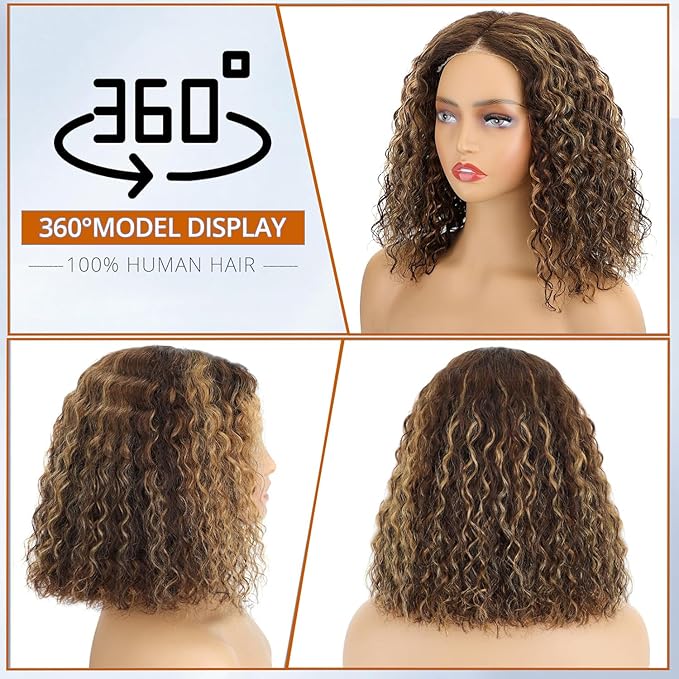 Highlight Ombre Curly Bob Wig Human Hair Glueless Pre Plucked 4/27 5x5 Hd Lace Wear And Go Closure Bob Wigs For Black Women Honey Blonde Short Water Wave Bob Wig Glueless 180% Density 10 Inch