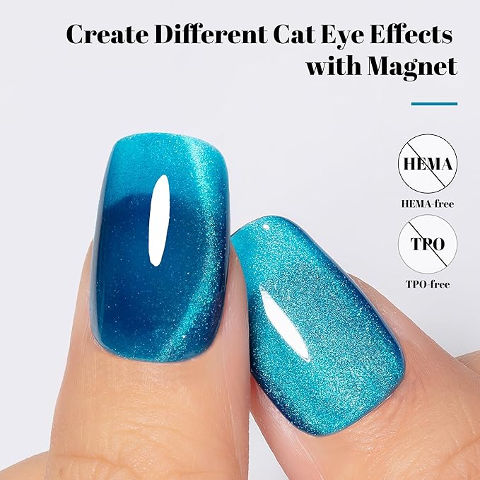 YTD Likomey High Shine Glass Cat Eye Gel Nail Polish,15ml Bright Blue Magnetic Shimmer Glitter Translucent Jelly Salon Home Fall Winter UV Color Varnish with Magnet Stick,HEMA Free TPO Free,MY505