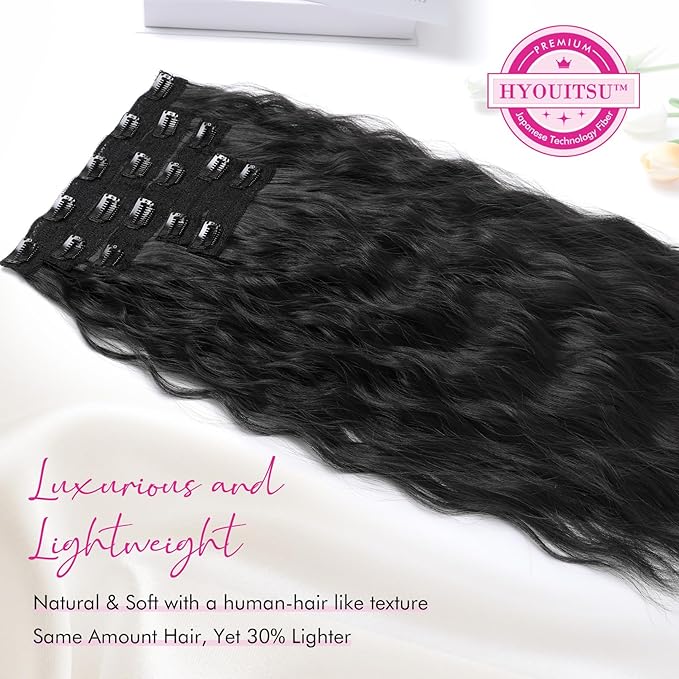 Clip in Hair Extensions, REECHO 5PCS Brown Hair Extensions 24" Thick Long Loose Waves hair extensions HE002 Invisible Lace Weft Natural Soft Hairpieces for Women – Jet Black