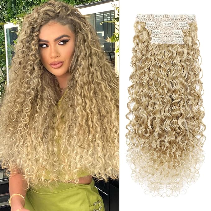 LONAI 4PC Clip in Hair Extensions, 100％ Pure Protein Silk Curly Hair Extension for Women, 26 Inch Long Soft Natural Hair Extensions-Medium Blonde to Light Blonde