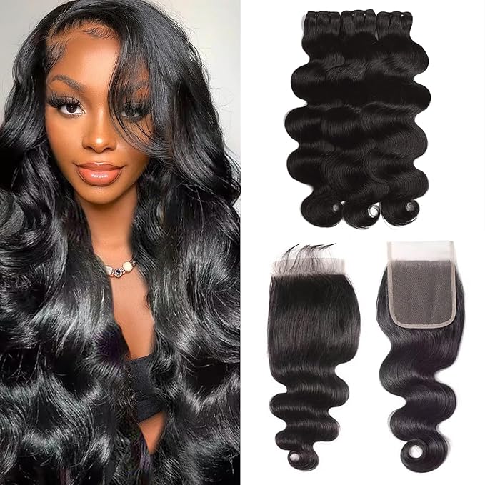 Lynch 15A Body Wave Bundles Human Hair, 16 18 20+14 Inch 5x5 HD Lace Closure, Real 100% Unprocessed Cambodian Raw Virgin Human Hair 3 Bundles with Closure, 105g/Bundle Natural Black For Woman