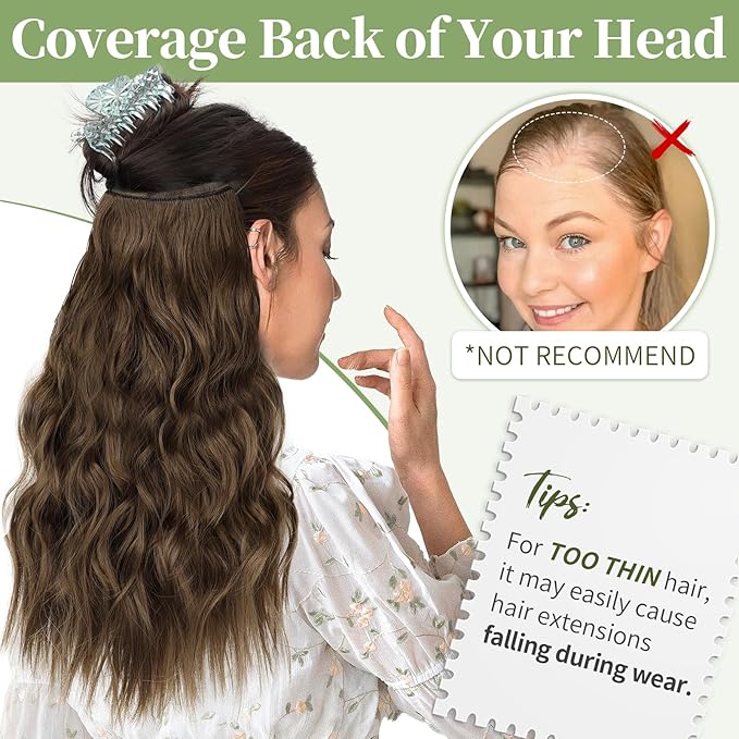 KooKaStyle Invisible Wire Hair Extensions with Transparent Headband Adjustable Size 4 Secure Clips Long Wavy Secret Wire Hairpiece for Women (16 Inch, Chestnut Brown)